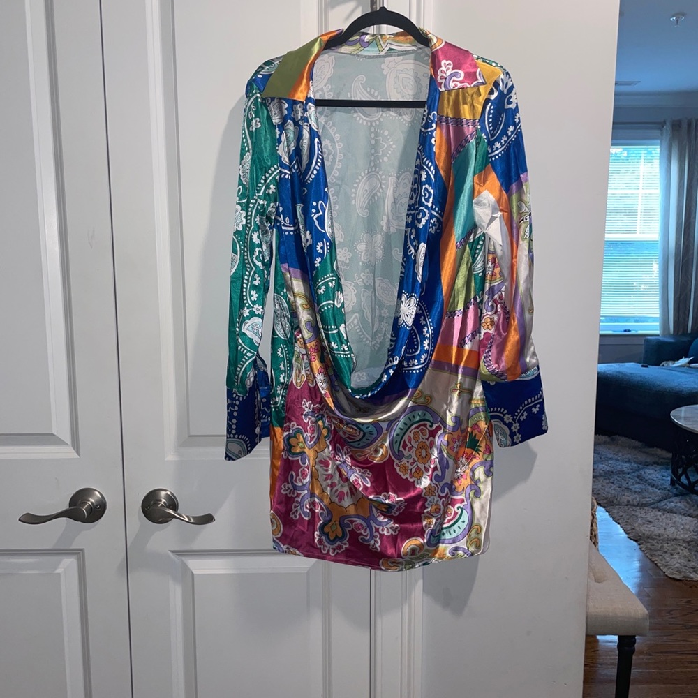 SHEIN Sky Cowl Neck Floral $ Paisley Print Satin BodyCon dress Large never worn
